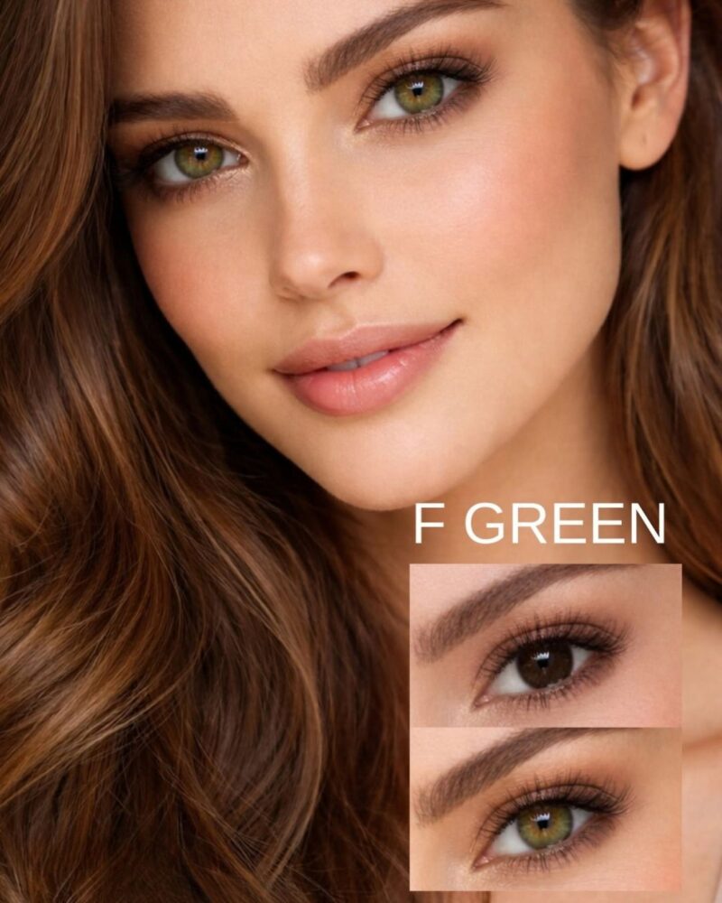 Comparatif avant et après pose des lentilles vertes Soft Vision F-Green sur iris foncé