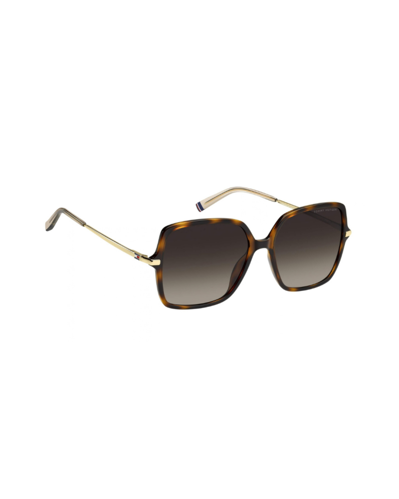 Monture solaire pour femme Tommy Hilfiger TH2220/S écaille marron vue côté gauche avec détail du tenon or