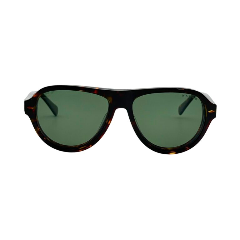 Vue de face des lunettes KAVAK KV6001 C2 avec clip solaire teinté vert monté sur la face aviateur en acétate écaille