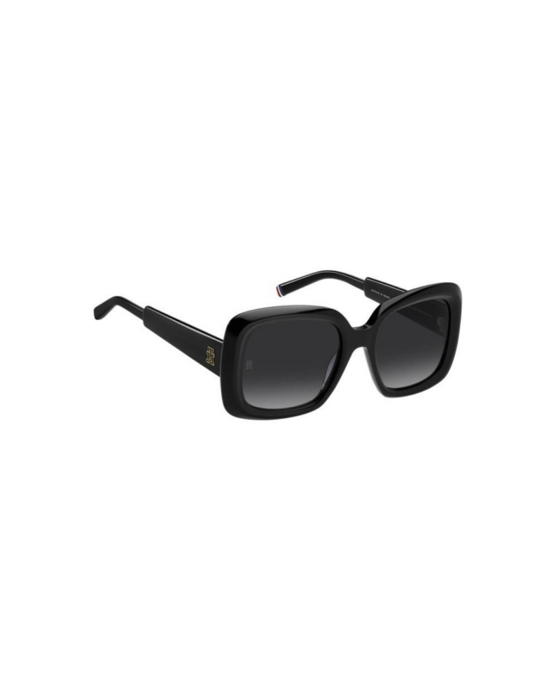 Monture solaire noire Tommy Hilfiger TH 2208/S vue de côté montrant l'épaisseur de l'acétate et la finition biseautée