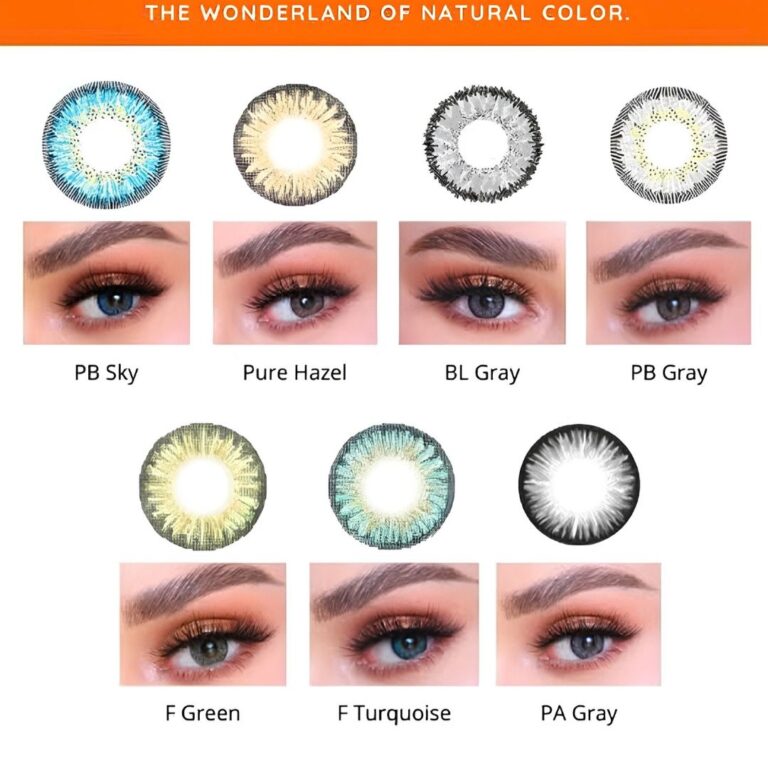 Nuancier des lentilles de contact couleur Soft Vision incluant Pure Hazel, PB Sky, BL Gray et F Green