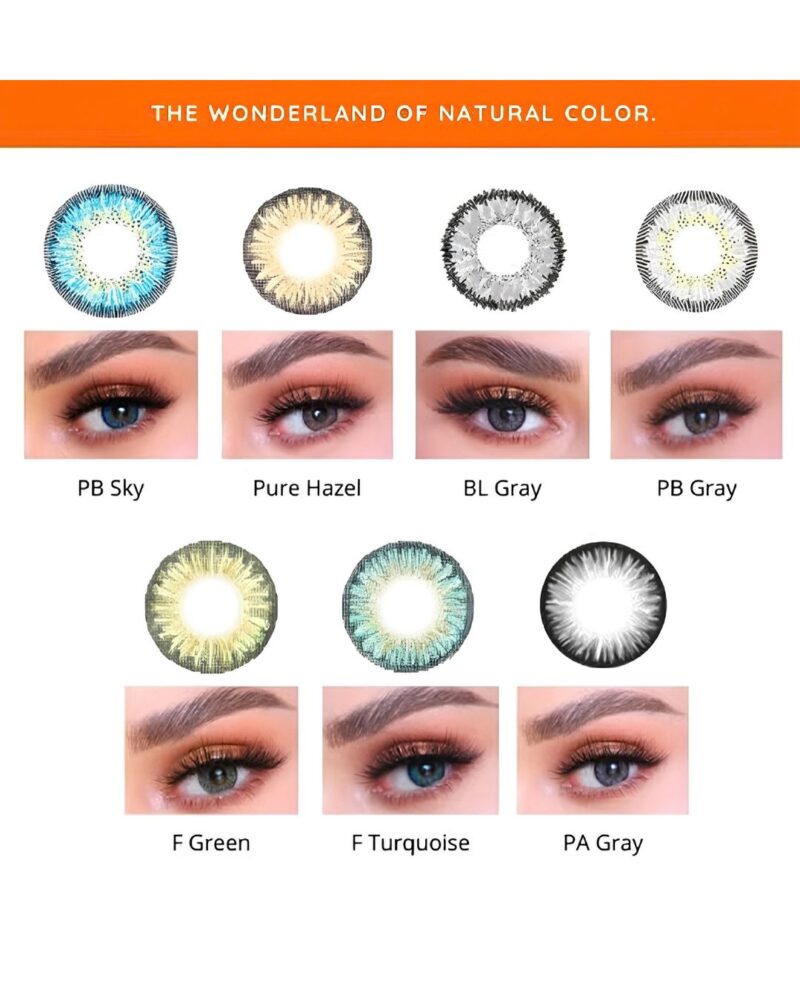 Nuancier des lentilles de contact couleur Soft Vision incluant Pure Hazel, PB Sky, BL Gray et F Green