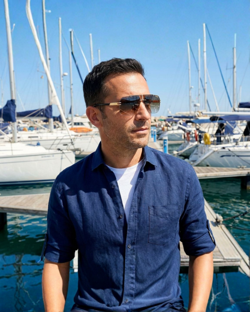 Homme portant les lunettes de soleil Carrera 1054/S 2M2/86 Noir et Or percées aviateur sur une marina