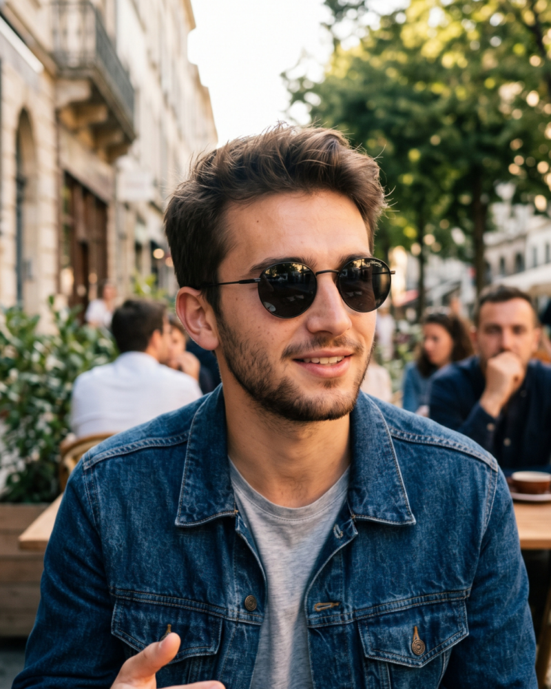 Homme portant les lunettes de soleil rondes Carrera 246/S 00370 Noir en titane en terrasse