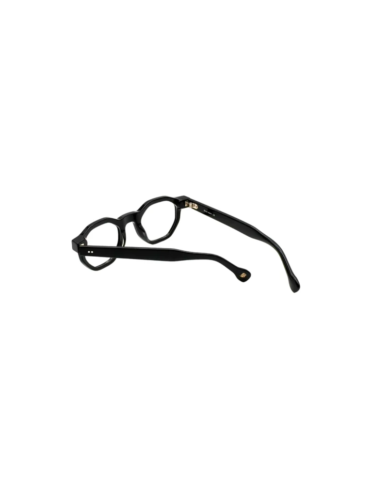 Vue arrière en perspective de la monture de lunettes de vue clip on Blue Eyes BE5010 noire, révélant la courbure intérieure.