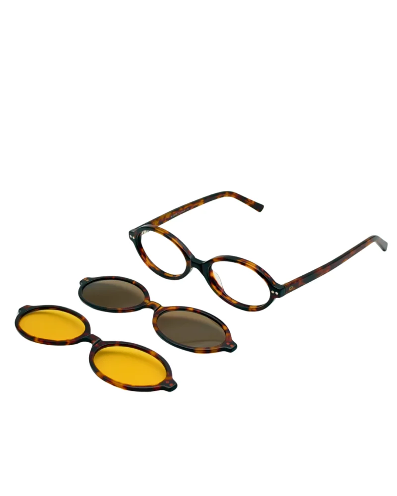 Lunette Kavak 1694 marron écaille vue 3/4 avec clip solaire brun polarisé et clip jaune nuit