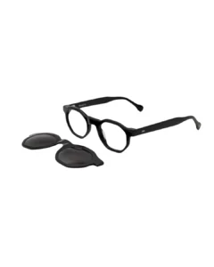 Kit 2-en-1 complet : lunettes de vue clip on Tunisie modèle Blue Eyes BE5010 noir posées à côté de leur clip solaire amovible.