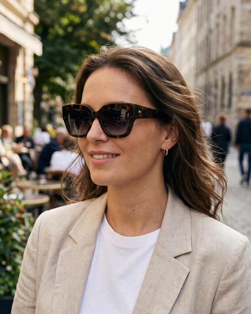Femme portant les lunettes de soleil Tommy Hilfiger TH 2223/S marron Havana en extérieur urbain