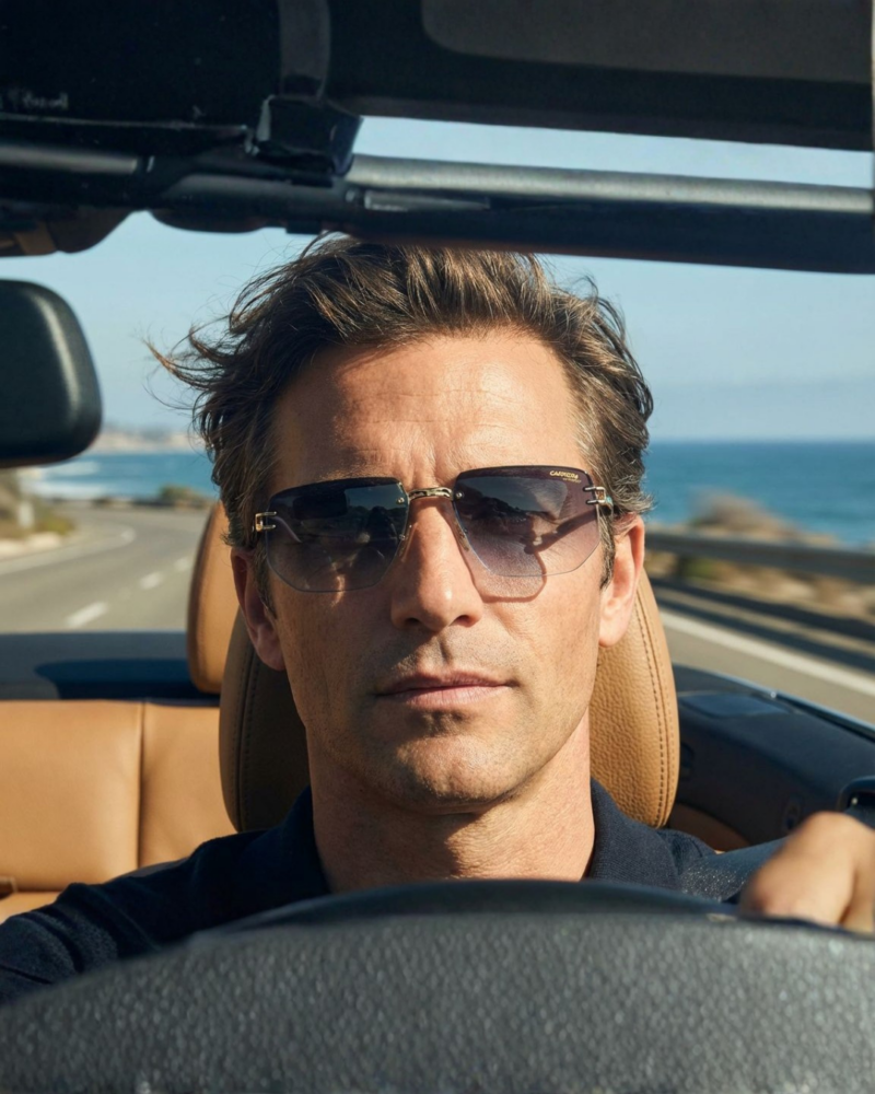 Homme portant les solaires Carrera 1070/S percées au volant d'un cabriolet en bord de mer