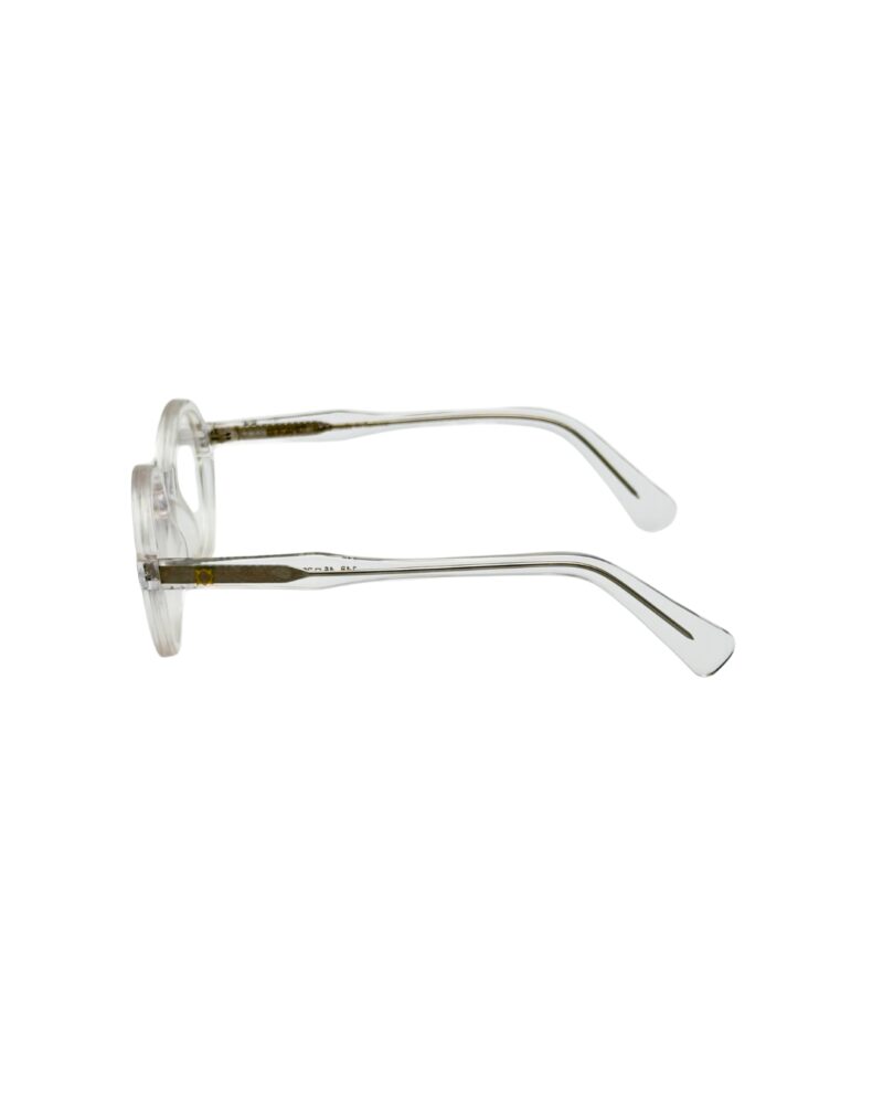 Branche ergonomique transparente de la monture BERGAMOT Punch avec logo doré incrusté.
