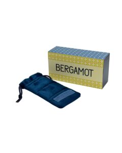 Étui en velours bleu nuit et boîte cartonnée d'origine BERGAMOT avec motifs géométriques