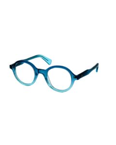Monture optique ronde BERGAMOT Punch en acétate bleu dégradé translucide, vue de trois-quarts.