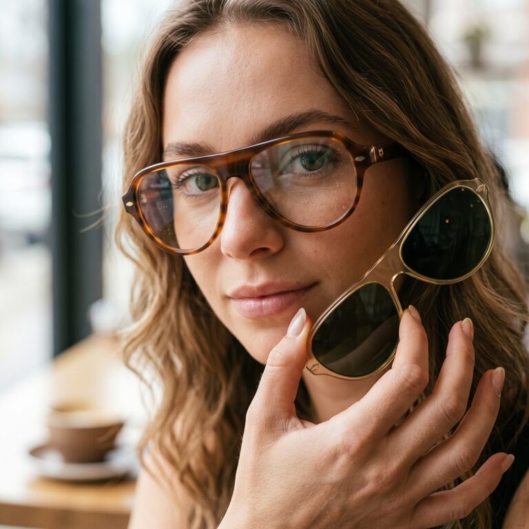 Jeune femme portant la monture optique KAVAK KV6001 C4 ambre miel et tenant le clip solaire champagne amovible à la main