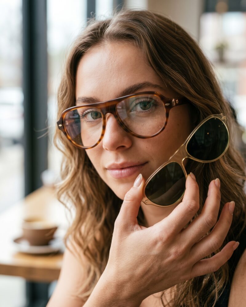Jeune femme portant la monture optique KAVAK KV6001 C4 ambre miel et tenant le clip solaire champagne amovible à la main