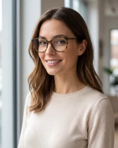 Femme souriante portant les lunettes de vue Christian Dior MINICD écaille.