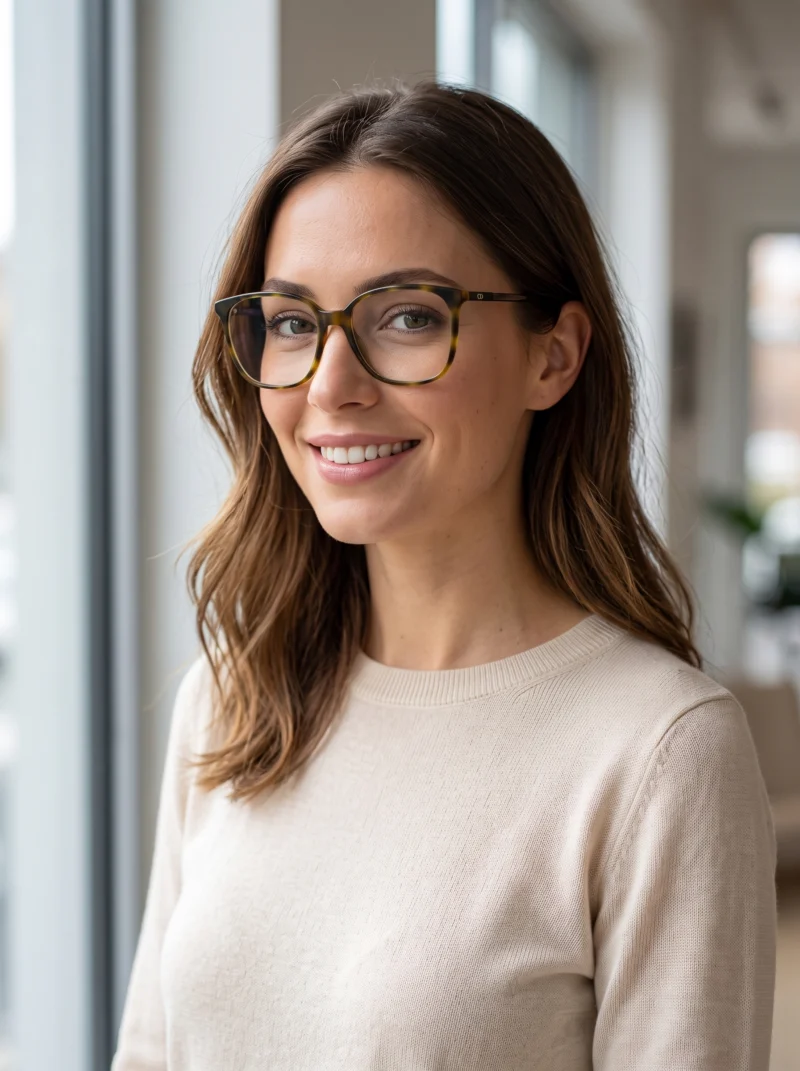 Femme souriante portant les lunettes de vue Christian Dior MINICD écaille.