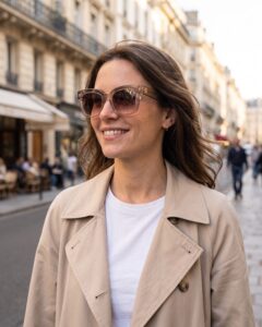Femme portant les lunettes de soleil tendance Tommy Hilfiger TH 2051/S couleur nude en extérieur