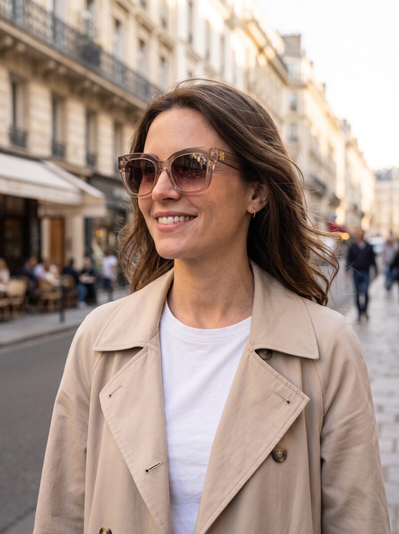 Femme portant les lunettes de soleil tendance Tommy Hilfiger TH 2051/S couleur nude en extérieur