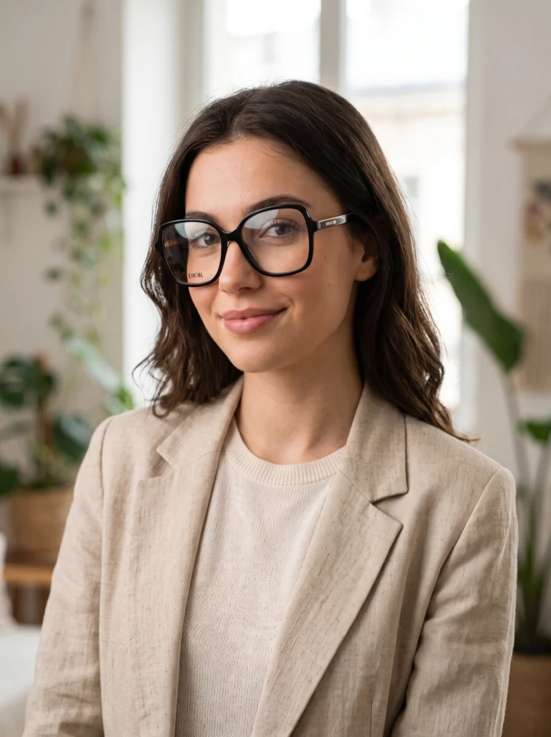 Essayage Lunettes Christian Dior DIORSPIRITO S5I Noir sur visage Femme brune portant les lunettes de vue Christian Dior DIORSPIRITO S5I noir