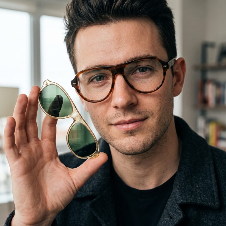 Homme portant les lunettes de vue KAVAK KV6001 C4 écaille miel et présentant le clip solaire magnétique champagne face caméra