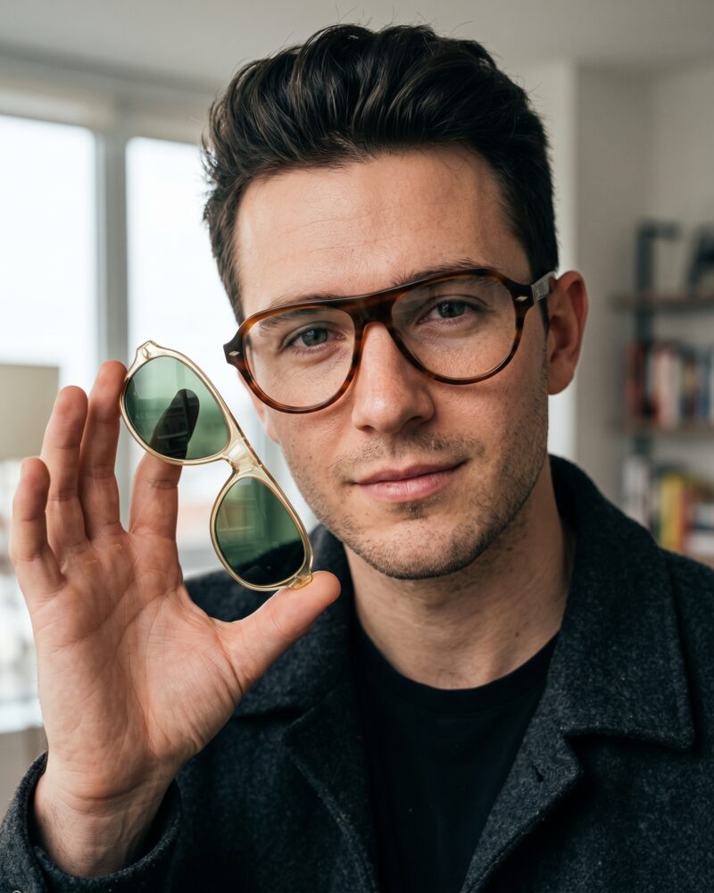 Homme portant les lunettes de vue KAVAK KV6001 C4 écaille miel et présentant le clip solaire magnétique champagne face caméra