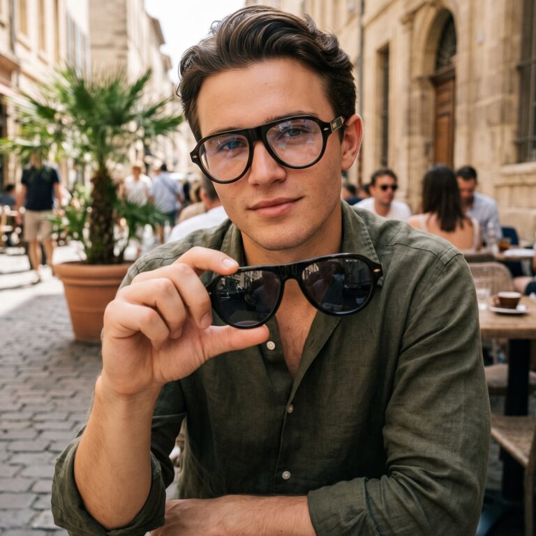 Homme portant la monture optique KAVAK KV6001 C3 vert forêt assis en terrasse et tenant le clip solaire magnétique à la main