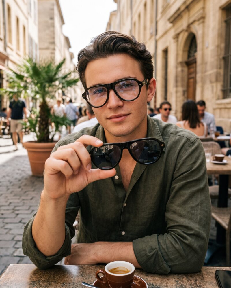Homme portant la monture optique KAVAK KV6001 C3 vert forêt assis en terrasse et tenant le clip solaire magnétique à la main