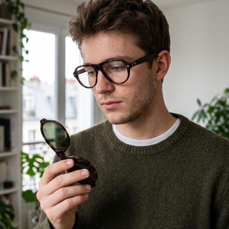 Jeune homme portant la monture optique KAVAK KV6001 C2 écaille et tenant le clip solaire magnétique amovible à la main