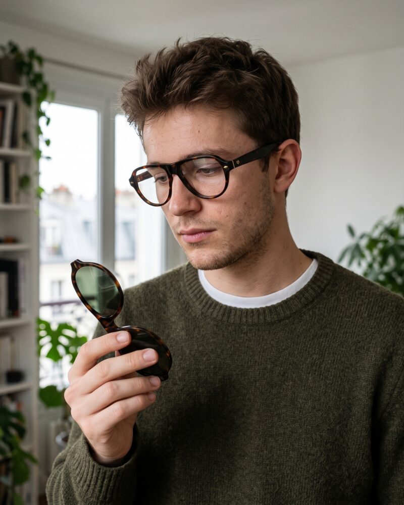 Jeune homme portant la monture optique KAVAK KV6001 C2 écaille et tenant le clip solaire magnétique amovible à la main
