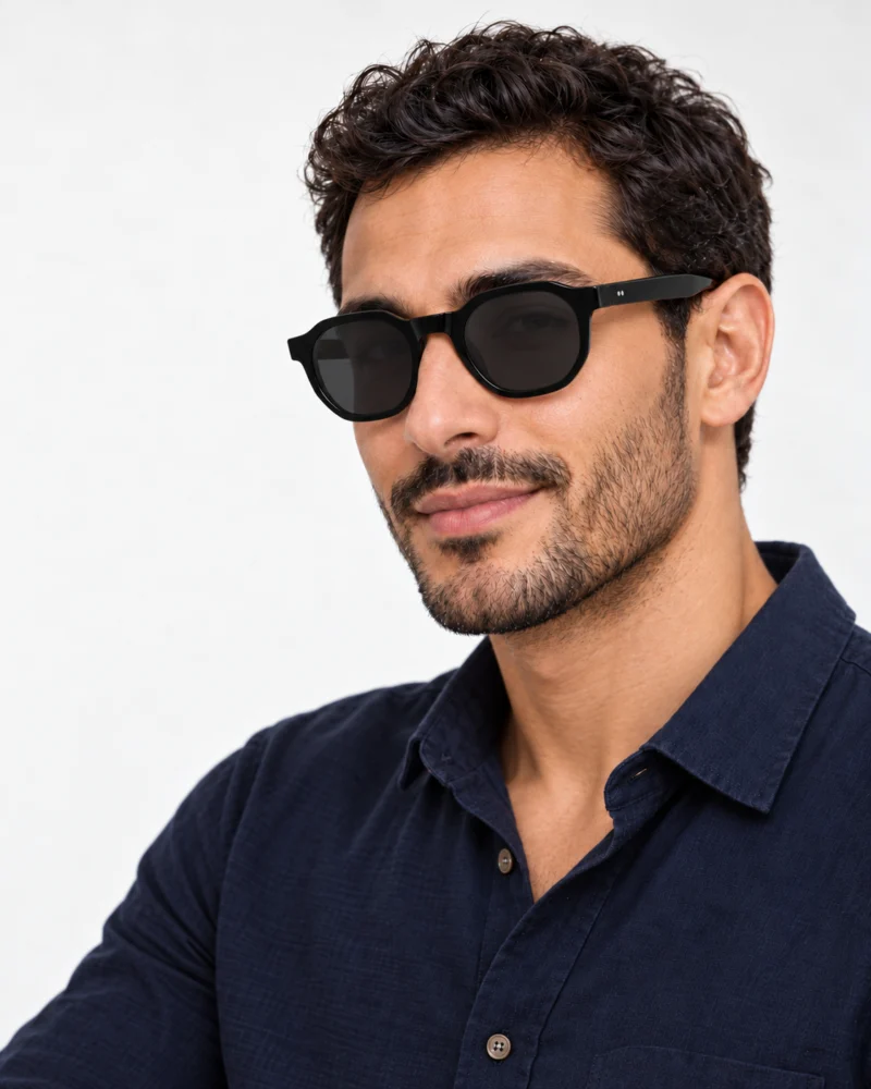 Homme souriant portant la monture de lunettes de vue clip on Blue Eyes BE5010 noire et tenant la façade solaire détachable à la main.
