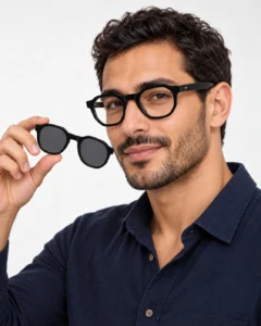 Homme portant des lunettes de vue clip on Tunisie modèle Blue Eyes BE5010 noir avec le clip solaire fixé, offrant un look élégant et masculin.