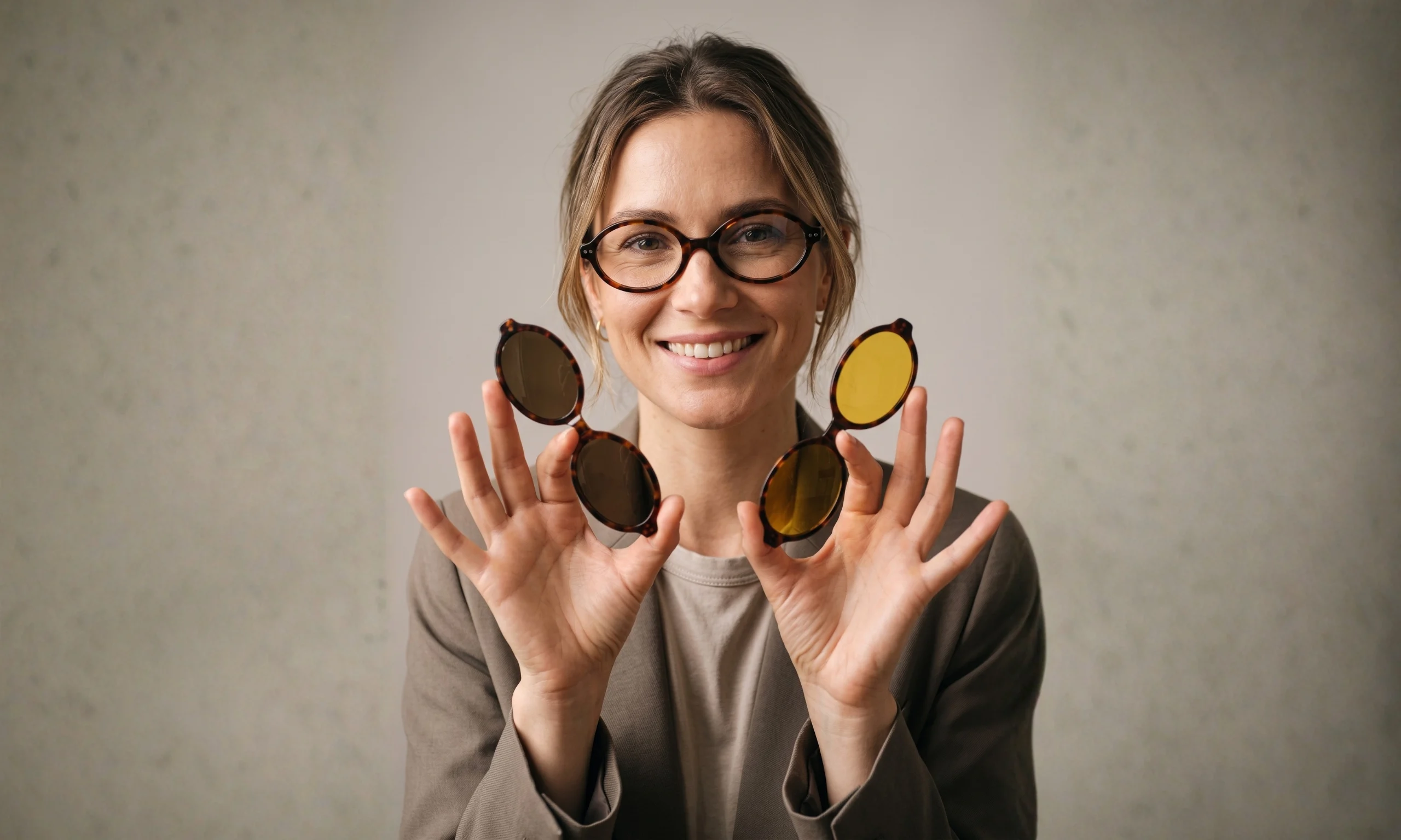 Femme souriante portant la lunette Kavak 1694 marron écaille avec les deux clips magnétiques en main