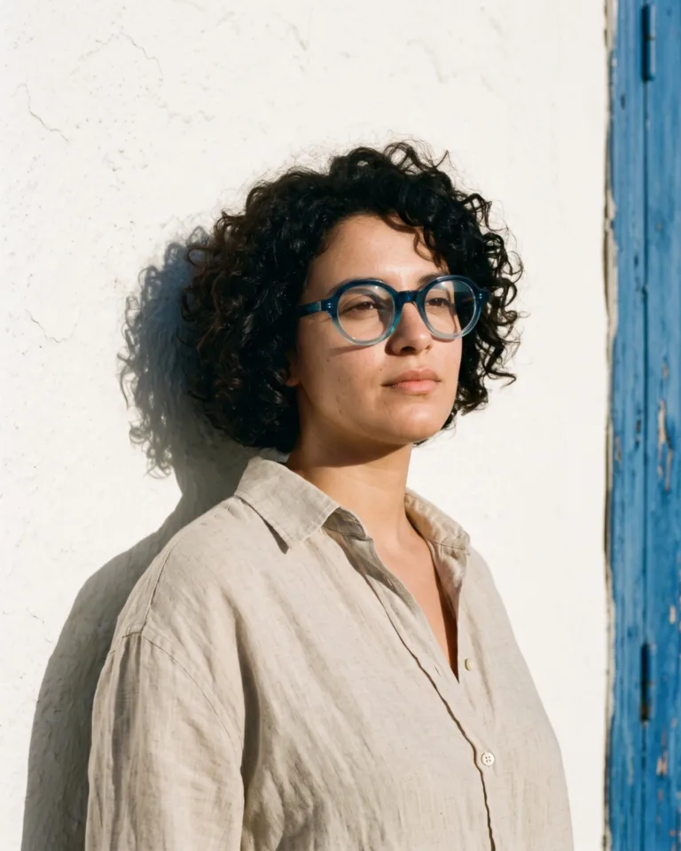 Femme portant les lunettes BERGAMOT PUNCH en acétate bleu océan dégradé, création tunisienne